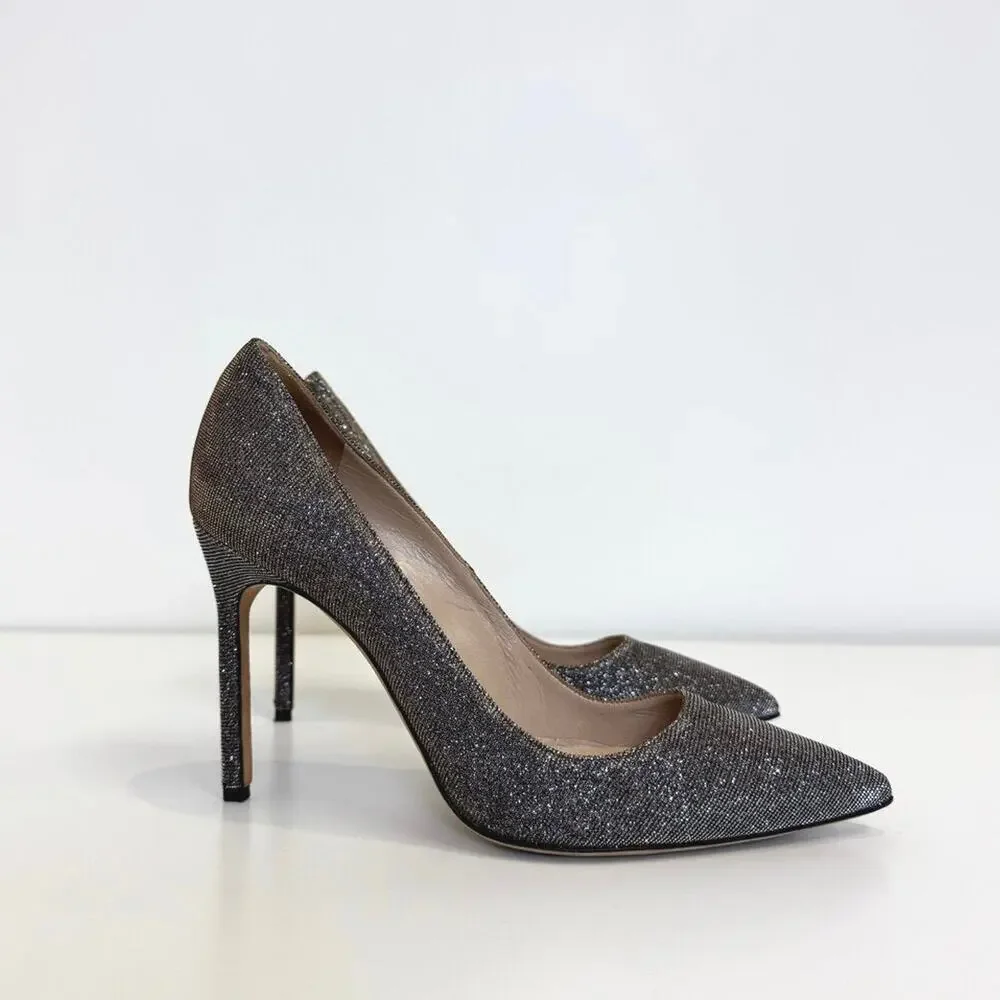 Manolo Blahnik BB 105 Nott Gold Glitter Pumps 39 Metallic Gray Point Toe Heels